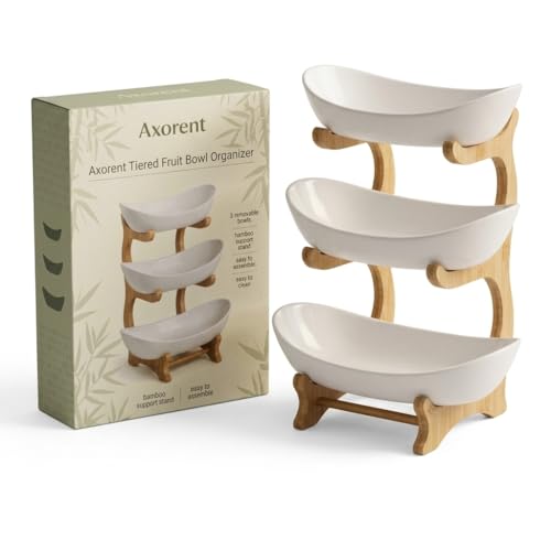 Axorent 3 Tier Bamboo Fruit Basket with Removable Bowls Kitchen Countertop Organizer by Axorent - Used condition - US$24.23