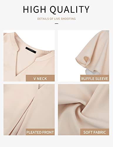 Valolia Chiffon Blouses For Women, Womens Chiffon Blouse Short Sleeve Work Shirts Business Formal Ladies Work Blouses Slimming Henley Shirts Pleated V Neck Summer Casual T-Shirt Tunics Beige Medium #TOP25