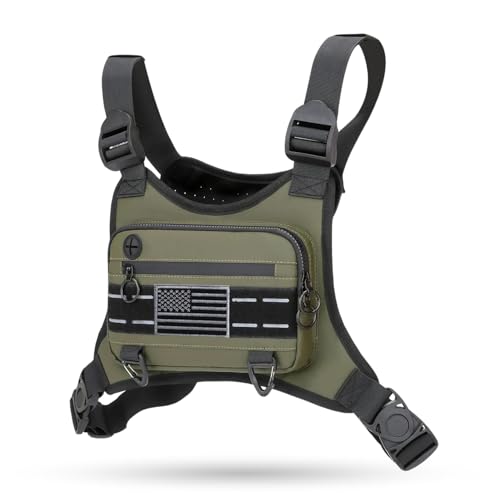 Image of Muserise Sports Chest Bag For Men Women, Water Resistant Lightweight Front Chest Pack, Running Vest Bag With Built-In Phone Holder & Extra Storage For Workouts, Running, Cycling (Olive)
