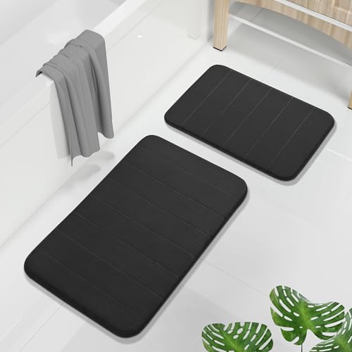 Image of Yimobra 2 Pieces Memory Foam Bath Mat Sets, 17x24+44.1x24 Inches for Bathroom Rugs, Toilet Mats, Non-Slip, Soft Comfortable, Water Absorption, Machine Washable (Black, 17 inchx24 inch+31.5 inchx19.8 inch)