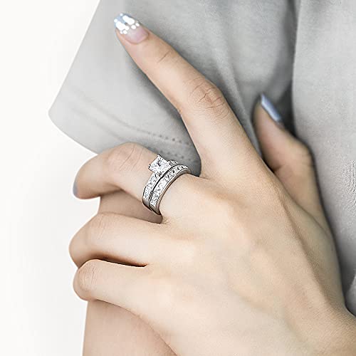 Princess Cut Wedding Ring Set for Women White Gold 1 Carat Center Moissanite Bridal Sets Wedding Rings Engagement Ring Set Platinum Plated Silver 10K 14K 18K Gold2