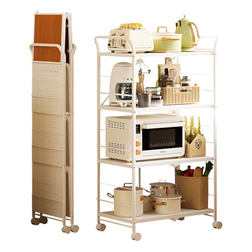 KoiFlow キッチンワゴン 収納カート 組立不要 折り畳み式 スチールラック キャスター付き 3段 4段 棚 軽くて丈夫 DIY 多機能使用 電子レンジ 鍋具 収納棚 キッチンラック 収納 レンジワゴン 木製天板 炊飯器収納 本棚 花スタンド台車 防錆
