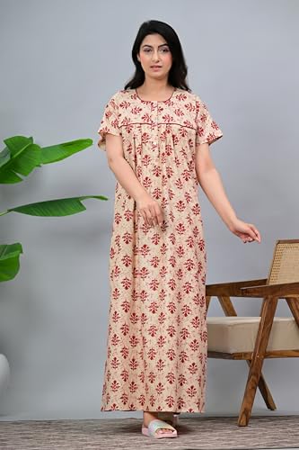 Image of DIAMO Pure Cotton Designer Nighty for Women | Night Gown | Nightdress | Maxi Nighty | Sleepwear | Jaipuri Nighty | Nighties | Cotton Night Gown for Women /Girls with Jaipuri Block Print
