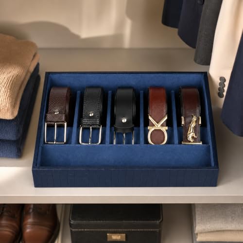 Image of La Trove 5 Slot Belt Organizer Display Tray for Drawer & Wardrobe, Blue | 5 slot tray for belts and buckles, ideal for drawer, wardrobe and closet storage with organized display in blue finish