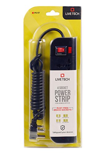 Image of Live Tech PS07 4 Socket Brass Rust Free, 6ft Extension Cord 3 Pin Plug Spike Guard Power Strip Wall Mount (Black)