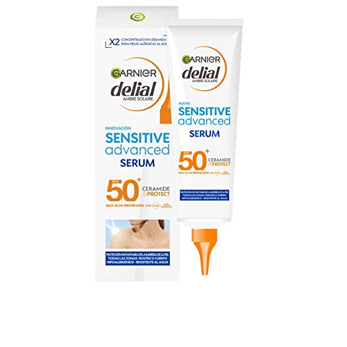 Garnier Delial Sensitive Advanced Sérum Solar Corporal Muy Alta Protección FPS 50+. Con [Ceramida] para reforzar la barrera de la piel. Para pieles claras, sensibles e intolerantes al sol. 125 ml