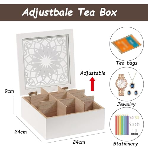 handrong Tea Box Tea Bag Organizer Wooden Tea Bag Holder Modern Tea Chest with 9 Compartments and Glass Cover for Home Tea Parties and Gift