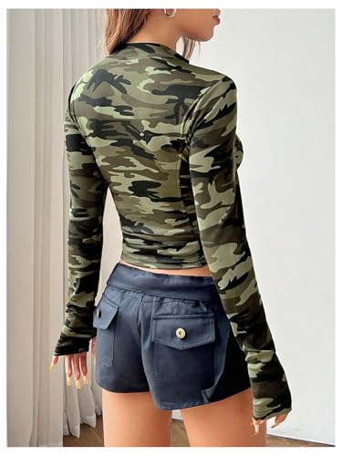 OYOANGLE Women's Camo Print Ribbed Knit Full Zip Jackets Slim Fit Mock Neck Cropped Jacket with Thumb Holes3