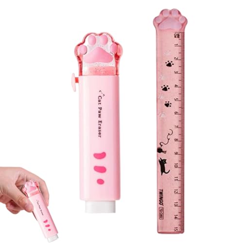 QOWIJEX Conjunto de 2 peças papelaria de pata de gato, borrachas de apagar e régua 15 cm escola de desenhos animados Kawaii, suprimentos escolares