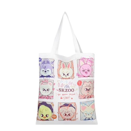 RRISETAG SKZ Merch Bolsa de lona para fãs de permanência, branca, externa de algodão, alça ajustável, capacidade de 5,3 L, unissex
