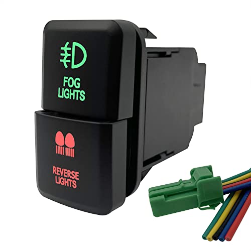 Image of Fog Lights & Reverse Lights Symbol Dual Push Button Switch Red & Green Led Backlit On-Off Push Switch for Toyota Tacoma Prado FJ Cruiser 3Amp /12V (1.54'' X 0.83'')