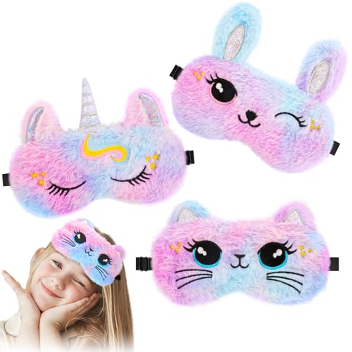 JroyJoy 3 Pcs Cute Animal Kids Sleep Mask 100% Blackout Eye Masks for Girls Soft & Comfortable Plush Eye Covers with Adjustable Strap for Sleeping Travel Home Party (Unicorn/Cat/Bunny)