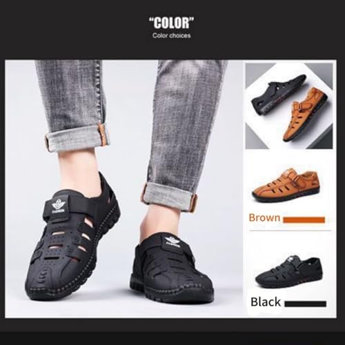 2025 Men's Stylish Causal Leather Hollow Sandals, Outdoor Closed Toe Beach Shoes, Comfort Anti-Slip Sport Sandals2