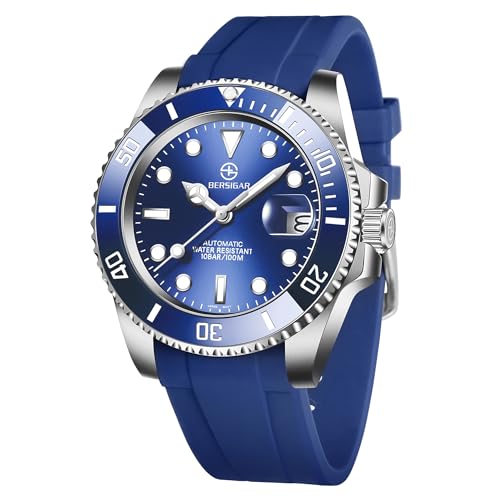 BERSIGAR Automatikuhr für Herren, mechanische Uhren, lässig, elegant, mit Saphirglas, Datum, Kalender, Armband aus Edelstahl/Armband aus Silikon, blau