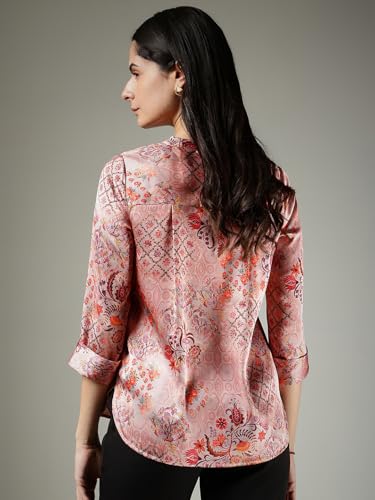 Image of FableStreet Women Shirt Work & Casual | Relaxed Fit Mandarin V-Neck Three-Quarter Sleeves Solid Pattern | Breathable Woven Fabric for Office & Everyday Wear