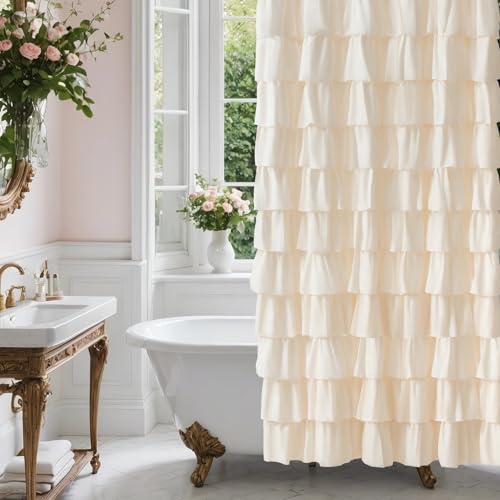 WestWeir Beige Ruffle Shower Curtain - Farmhouse Ruffled Design, Cream