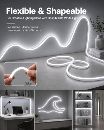 Image of Rope Lights for Outside, 49.2FT Dimmable LED Strip Lights Outdoor Waterproof IP65, 1800 LEDs 24V Low Voltage Cool White 6000K Neon Light Strip with Stepless Dimmer Power Supply Kits