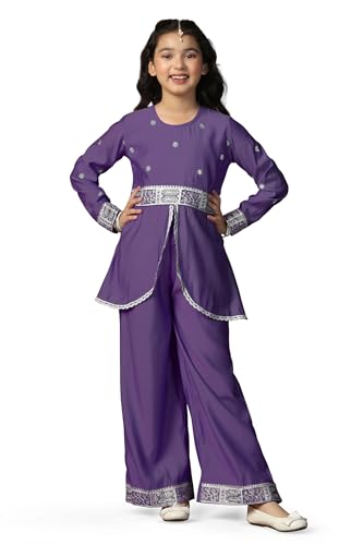 Image of Fashion Dream Girls Chanderi Silk Embroidered Top & Palazzo Set|Kids Salwar Suit|Ethnic Wear