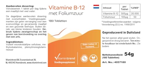 Vitamintrend Vitamin B12 500µg mit Folsäure 100µg, 180 Tabletten, schluckfreundlich, hochdosiert, Nahrungsergänzungsmittel vegan ohne Magnesiumstearat, in Deutschland hergestellt