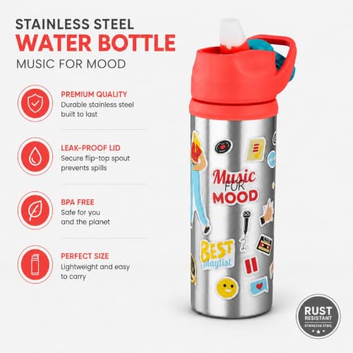 Image of Stainless Steel 600ML Sipper Water Bottle for Kids & Adults | Leakproof BPA-Free Gym Bottle with Flip Lid & Carry Handle | Music Print Design (Pack of 1, Orange)