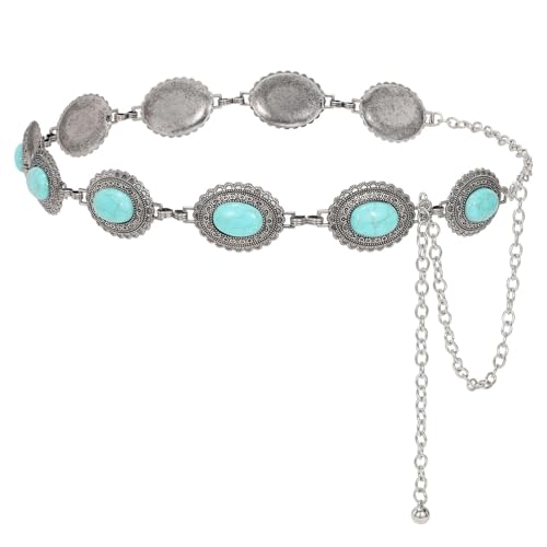 Image of WHIPPY Western Metal Concho Belt for Women Vintage Cowgirl Boho Turquoise Chain Belts for Dresses Jeans