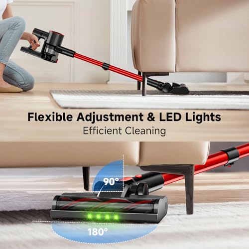 Image of Cordless Stick Vacuum Cleaner, 40Kpa Powerful Suction Vacuum Cleaner with LED Headlight, Detachable Battery, 8-in-1 Lightweight Handheld Vacuums for Pet Hair Carpet and Hardwood Floor, Red