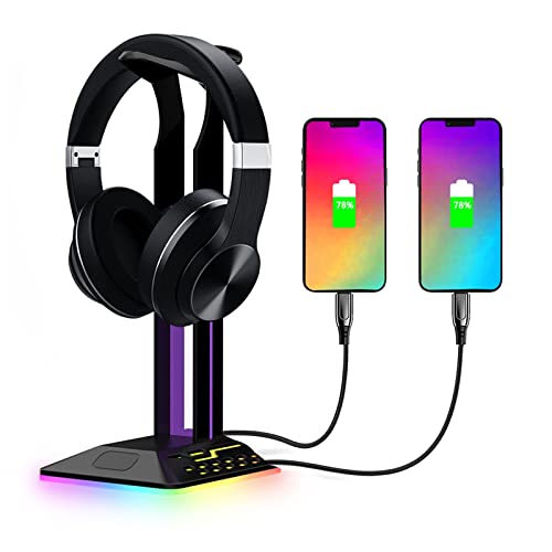 Headphone Hanger, RGB Headphone Stand with USB Charging Port, Desk Gaming Headset Holder with 7 Light Modes and Non-Slip Rubber Base Suitable for All Earphone Accessories ,for PC Accessories