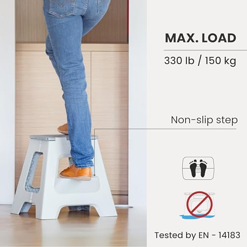 Image of Vigar Compact Folding Step Stool, Gray, 16 Inch 2 Step Foldable | Foldable, Lightweight Portable Design, Carry Handle, Non Slip Surface, Space-Saving Body, Supports up to 330 lb