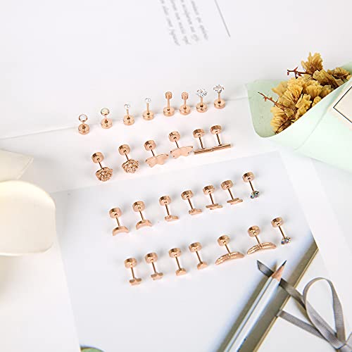 18 Pairs Stainless Steel Stud Earrings Set For Women Men Star Moon Flower Heart Leaf Opal 20G Cartilage Earrings Hypoallergenic Flatback Earrings Piercing Jewelry (Rose Gold) #TOP2