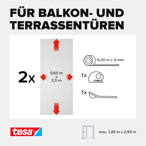 tesa INSECT STOP Klett Fliegengitter Premium für Türen - 2-tlg Insektenschutz mit Klettband, rückstandsfrei entfernbar, zuschneidbar - ohne Bohren - (2 x 65cm)120cm x 250cm - Anthrazit (Durchsichtig)