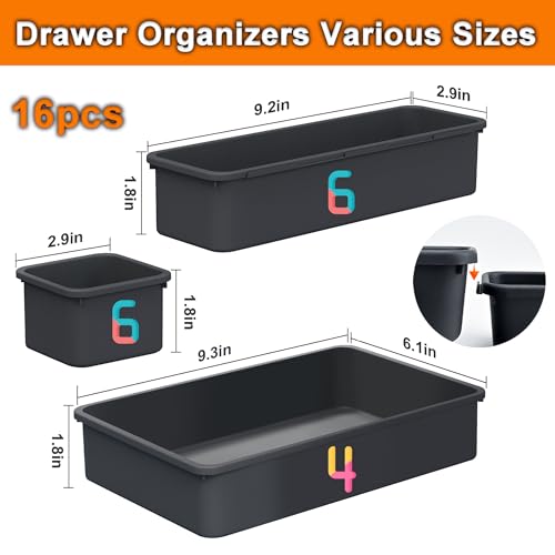 QUELIEN Desk Drawer Organizer Tray Set, 16PCS Plastic Drawer Organizer Bins for Office, Makeup, Kitchen - Gray Blue Desk Organizer with Flexible Interlocking Design for Efficient (Gray Blue, 16PCS) - Image 3