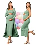 Rnxrbb 2 Piece Maternity Dress Cardigan Baby Shower Bodycon Fall Tube Maternity Dresses Long Gender Reveal Photoshoot,Grayish Green L