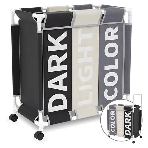 Cesto Ropa Sucia 3 Compartimentos con capacidad de 120 L, Cesta Ropa Sucia con Tapa y Ruedas, Cesto Ropa Sucia con Mango y con 2 bolsas para la lavadora, Laundry Basket