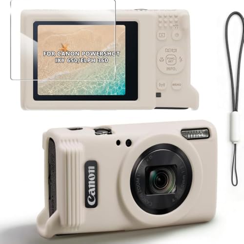 Tedubax Silicone Case for Canon PowerShot ELPH 360/IXY 650 with Screen Protector and Lanyard Soft Anti-Scratch Camera Cover Slim Carrying Protective Camera Body Skin Sleeve - Off White