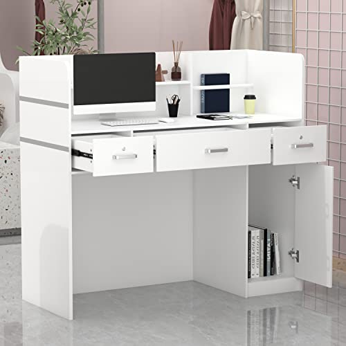 Mesa de Oficina, Mueble Recepción, Mostradores de Recepción Grandes, Mostrador Basic, con 3 Cajones, Mostradores para Tiendas, Disponible, Pantalla de Privacidad, Blanco, MDF, 110 x 120 x 50 CM