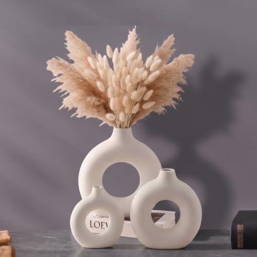 Image of PUREZENTO White Ceramic Donut Vase 4.3, 5.3 & 6.2Inch - Set of 3 | Decorative Donut Vase for Dried Flowers & Pampas Grass | Vases for Modern Home Decor, Living Room, Office Decor