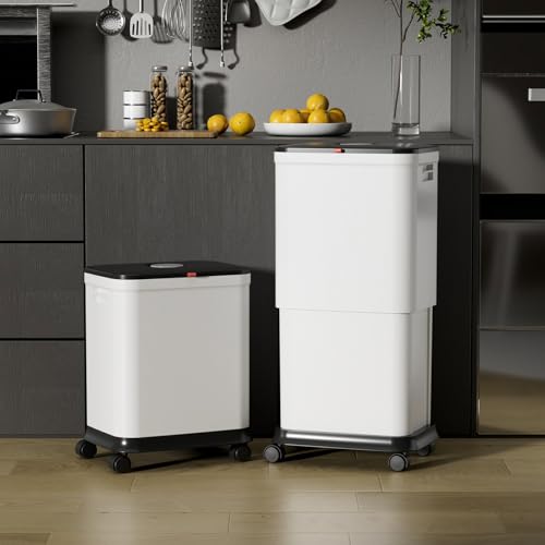 Image of Kitchen Trash Can with Lids and Wheels, 20l-45l Rolling Garbage Can with Adjustable Capacity /Height, Plastic Tall and Large Trash Bin, White Indoor TrashCan on Wheels, Movable Trash-Can