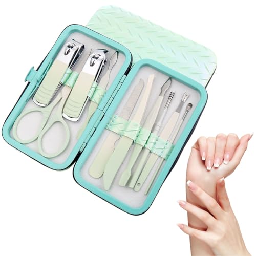 FENQURO Manicura Pedicura Set, 10 Piezas Cortaúñas, kit uñas, kit manicura, Tijeras de Uñas con Herramientas Remover Cutícula, Acero Inoxidable, para Viajes y hogar, con Caja de Cuero (verde)