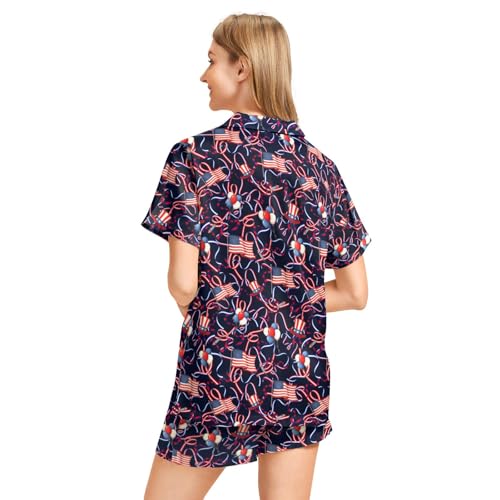 Image of Funny Pajamas for Women Set Print Satin Loungewear Pjs Short Sleeve Button Down Top and Shorts Sets Sleepwear XS-3XL