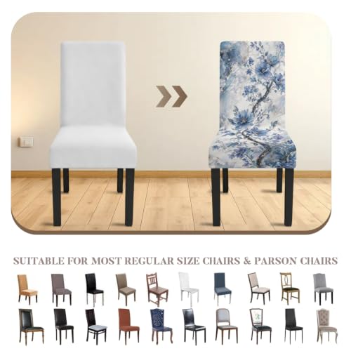 Image of Vintage Blue Floral Dining Chair Covers Set of 4 for Dining Room