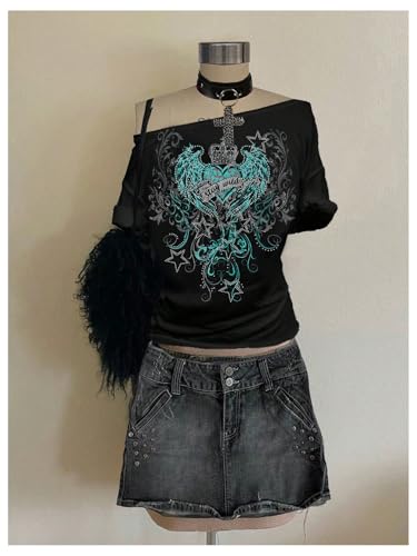 Image of RoseSeek Women's Off The Shoulder Goth Graphic Tees Short Sleeve Asymmetrical Oversized Y2K T Shirts