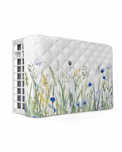 Leaves Plants Indoor Air Conditioner Cover for Window Units, Double Insulation Adjustable Waterproof Indoor AC Cover with Elastic Straps Wildflower Botanical Flower Blue Green 25'' x 18'' x 3.5''