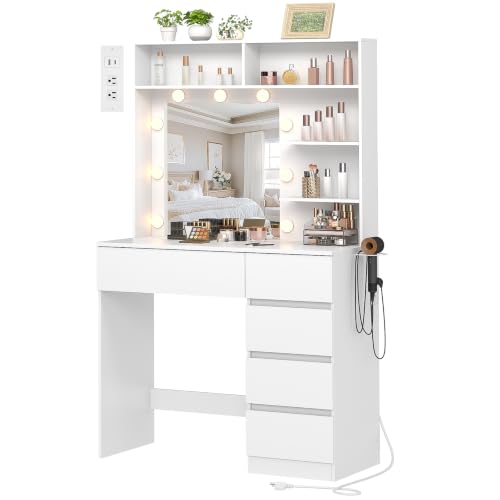 Image of Vanity Desk with Mirror, LED Lights and Power Outlet, Makeup Vanity Table with 5 Drawers, 3 Color Modes & Adjustable Brightness, Dressing Table for Bedroom, White
