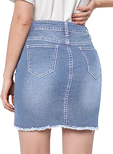 Necooer Womens Denim Skirt Mini Casual Distressed Short Skirt Washed Frayed Stretchy Pencil Jean Skirts with Pocket3
