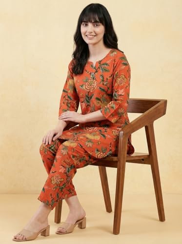 Image of Bee M Pee Designer Trendy Floral Printed Cotton Kurta Coord Sets for Women | Stylish Casual Tunic Kurti Set with Pant for Woman for Office