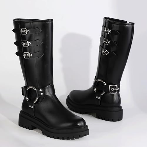 IDIFU IN2 Knee High Riding Boots Women Low Chunky Heel Motorcycle Boots with Side Zipper Comfortable Round Toe Tall Boots for Women Fall Platform Lug Sole Fashion Buckles Biker Boots4