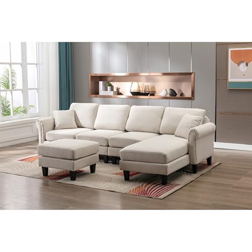 Image of Nathan 6 Seater L Shape Sofa with Centre Table | 6 Seater Sofa Set for Living Room | Premium Fabric Sofas (Nathan Cream, RHS)