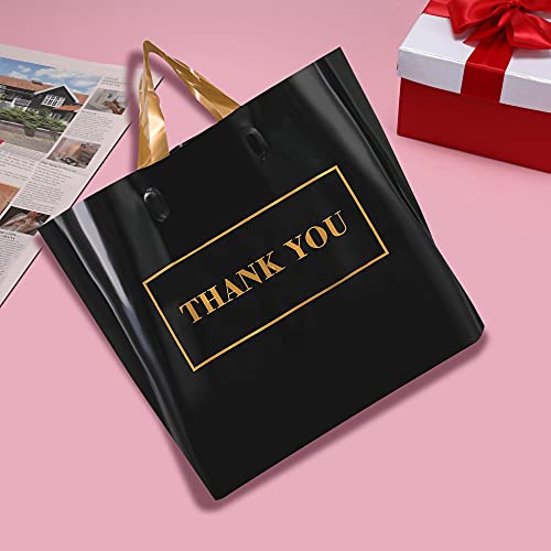 50 Piece Thank You Bags For Business 12\"x15\" with Soft Loop Handles, Black Business Bags Retail Shopping Merchandise Bags for Boutique, Extra Thick 2.36 Mil Reusable Plastic Bags (Gold Text)