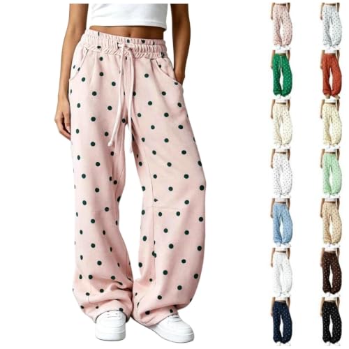 XINGJIAARTS Polka Dot Sweatpants Women Baggy Barrel Wide Leg Y2K Pants High Waisted Drawstring Lounge Track Travel Joggers Pink X-Small - image 1