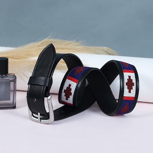 “Sierra Cross” Navy, White & Burgundy Beaded Leather Belt – Handcrafted Argentinian Gaucho Belt – Premium Leather2